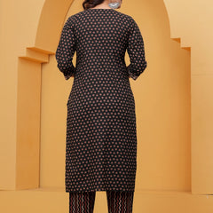 Black Sanganeri Buti Print Cotton Kurta Pant Set with Geometric Dupatta