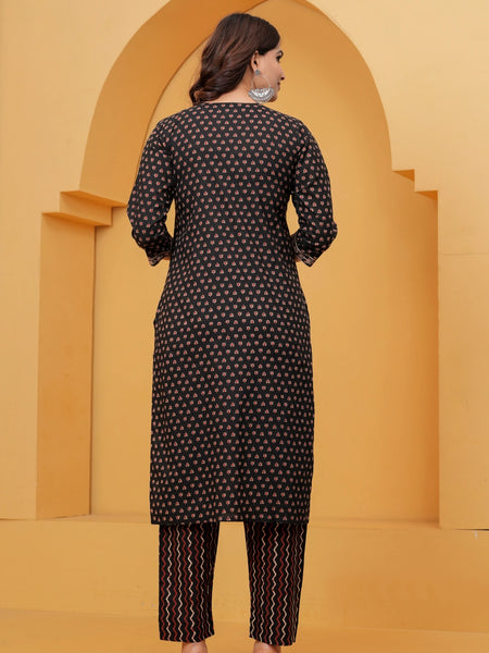 Black Sanganeri Buti Print Cotton Kurta Pant Set with Geometric Dupatta