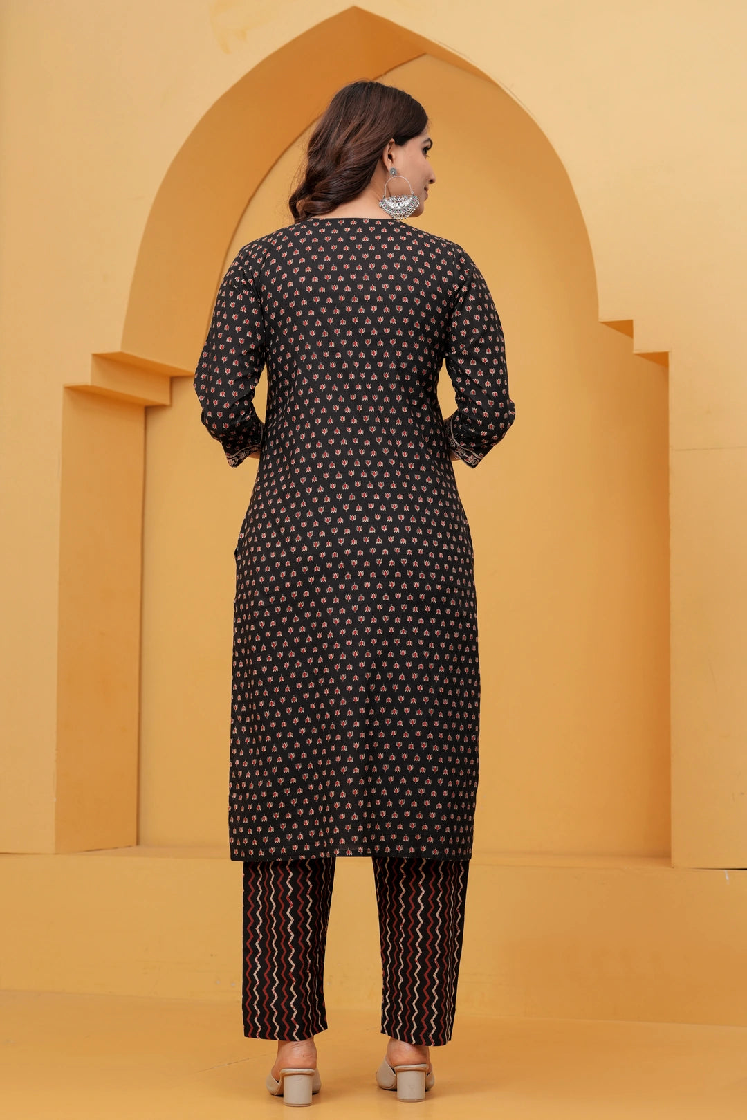Black Sanganeri Buti Print Cotton Kurta Pant Set with Geometric Dupatta