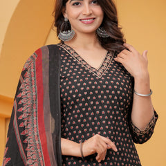 Black Sanganeri Buti Print Cotton Kurta Pant Set with Geometric Dupatta