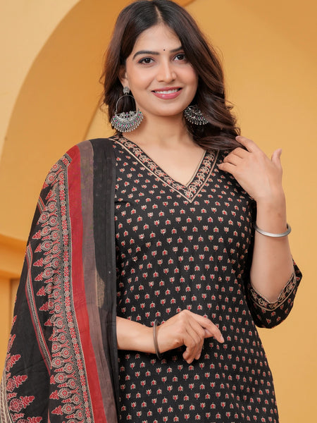 Black Sanganeri Buti Print Cotton Kurta Pant Set with Geometric Dupatta
