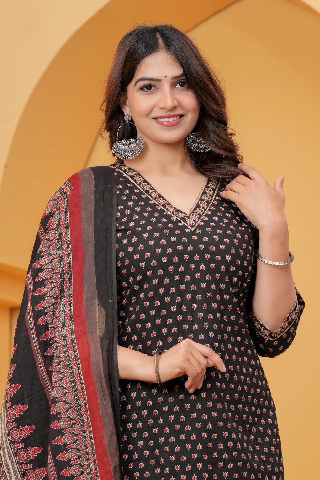 Black Sanganeri Buti Print Cotton Kurta Pant Set with Geometric Dupatta