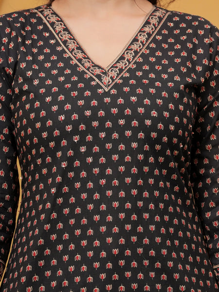 Black Sanganeri Buti Print Cotton Kurta Pant Set with Geometric Dupatta