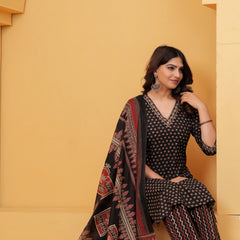Black Sanganeri Buti Print Cotton Kurta Pant Set with Geometric Dupatta