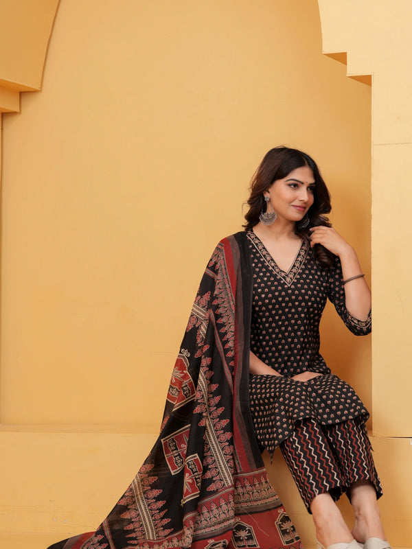 Black Sanganeri Buti Print Cotton Kurta Pant Set with Geometric Dupatta