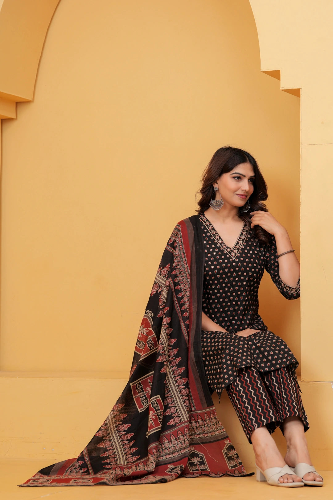 Black Sanganeri Buti Print Cotton Kurta Pant Set with Geometric Dupatta