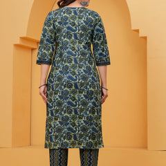 Navy Blue Floral Buti Print Cotton Kurta Pant Set with Malmal Dupatta