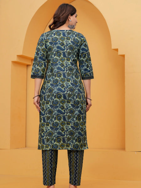 Navy Blue Floral Buti Print Cotton Kurta Pant Set with Malmal Dupatta