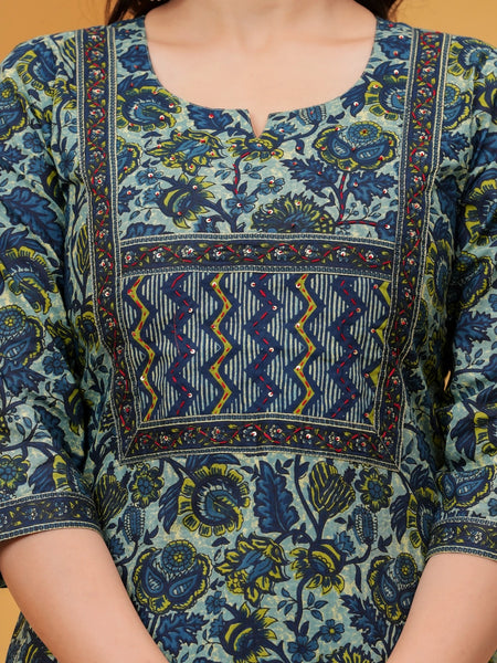 Navy Blue Floral Buti Print Cotton Kurta Pant Set with Malmal Dupatta