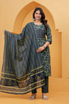 Navy Blue jaipuri Printed Cotton Kurta Pant Set with malmal Dupatta