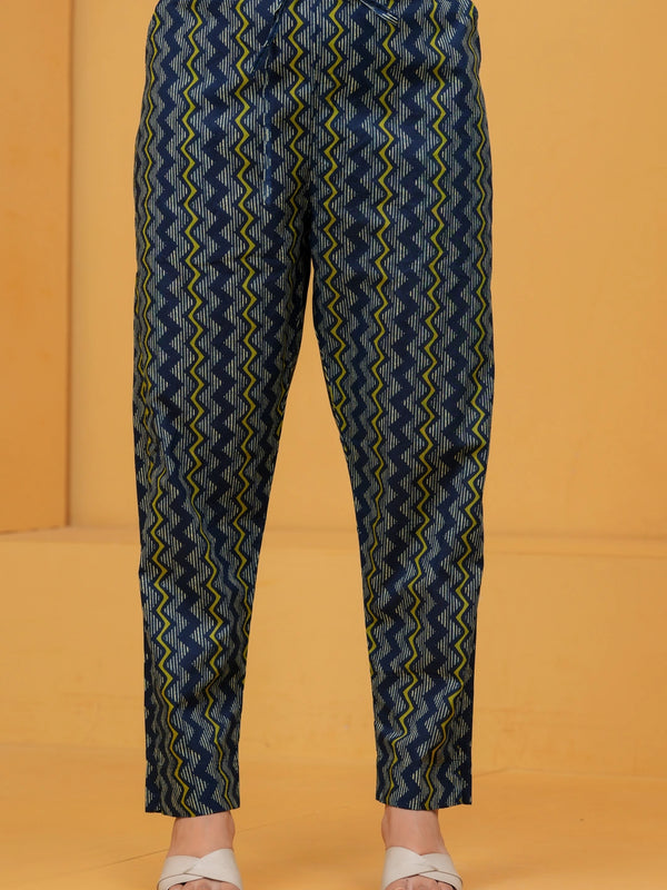 Navy Blue Floral Buti Print Cotton Kurta Pant Set with Malmal Dupatta
