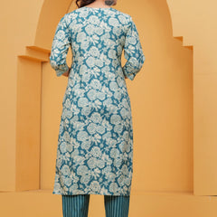 Teal Floral Print Cotton Kurta with Striped Pants