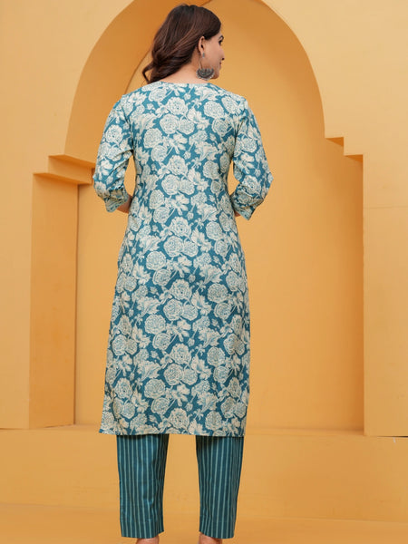 Teal Floral Print Cotton Kurta with Striped Pants