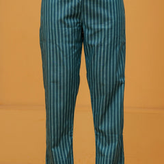 Teal Floral Print Cotton Kurta with Striped Pants
