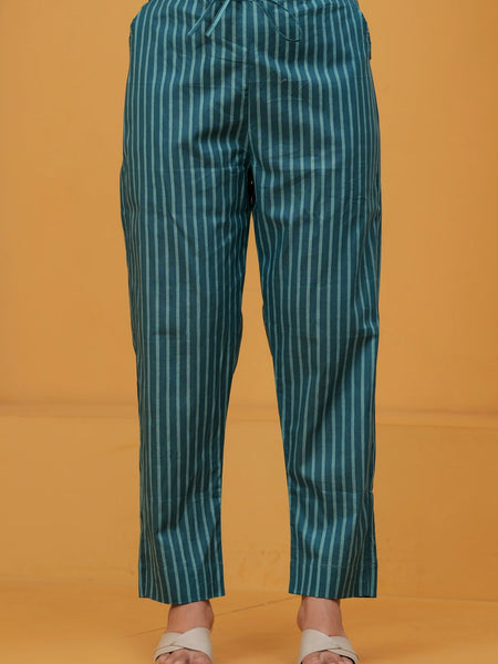 Teal Floral Print Cotton Kurta with Striped Pants