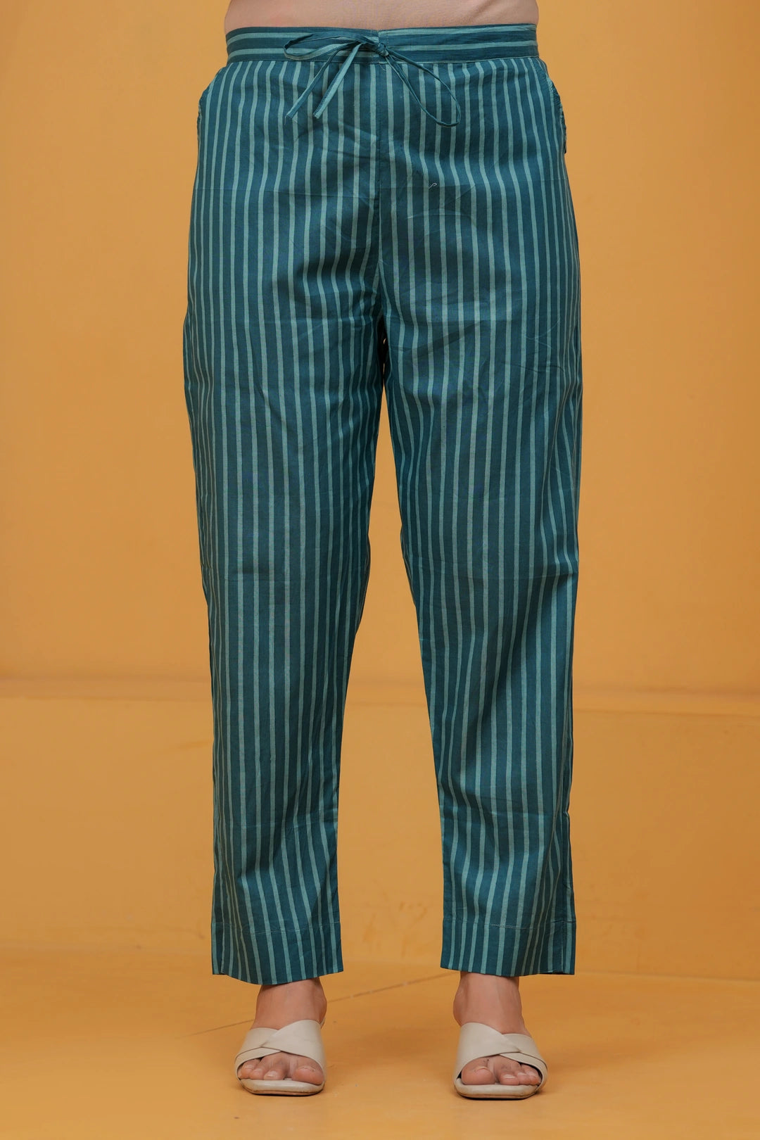 Teal Floral Print Cotton Kurta with Striped Pants