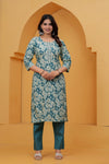 Teal Floral Handblock Printed Cotton Kurta Set with Striped Pants