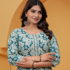 Teal Floral Print Cotton Kurta with Striped Pants