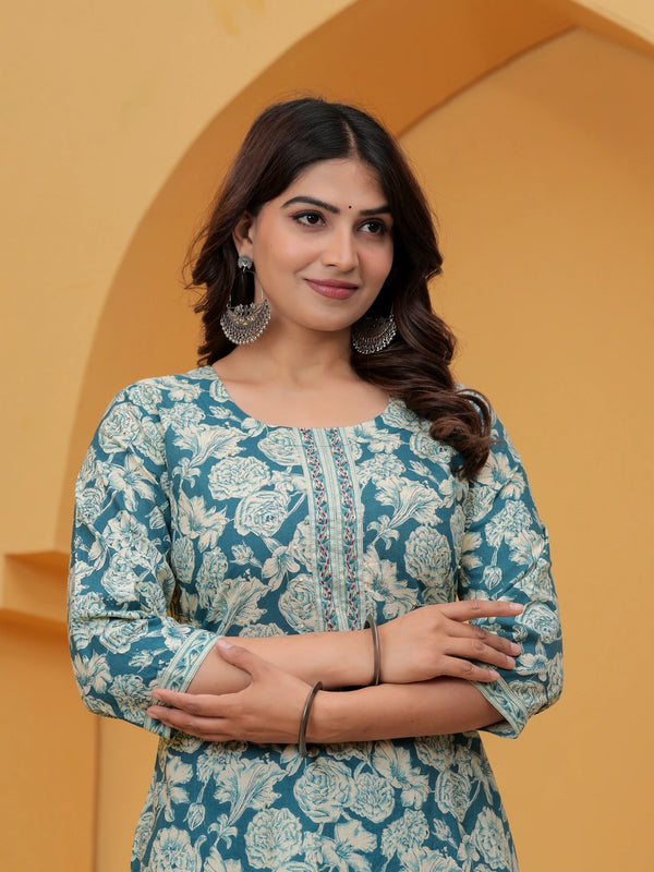 Teal Floral Print Cotton Kurta with Striped Pants