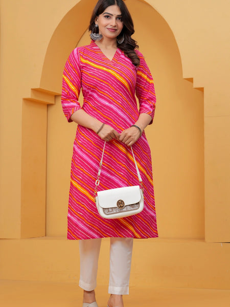 Rani Pink Leheriya Print Cotton Kurta with White Pant for Women