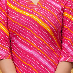 Rani Pink Leheriya Print Cotton Kurta with White Pant for Women