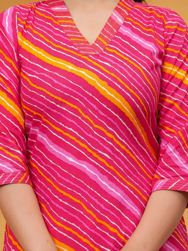Rani Pink Leheriya Print Cotton Kurta with White Pant for Women