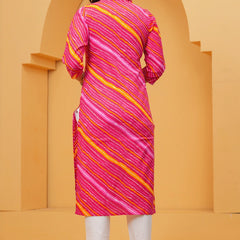 Rani Pink Leheriya Print Cotton Kurta with White Pant for Women
