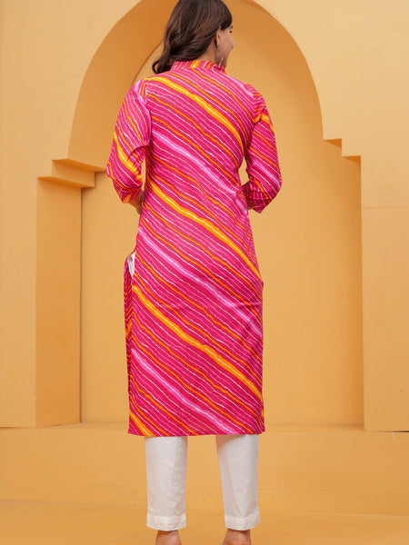 Rani Pink Leheriya Print Cotton Kurta with White Pant for Women