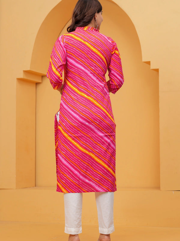 Rani Pink Leheriya Print Cotton Kurta with White Pant for Women