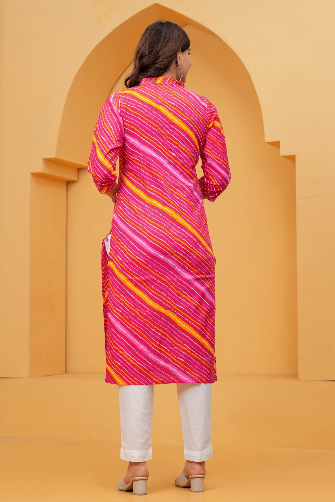 Multicolor Leheriya Print Cotton Kurta with White Pant for Women