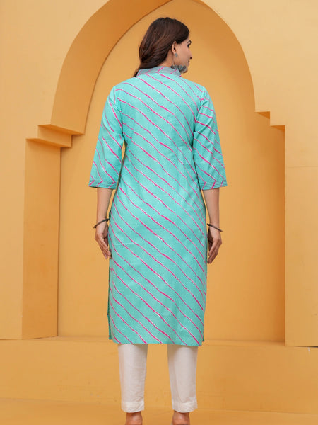 Turquoise Leheriya Print Cotton Kurta for Women