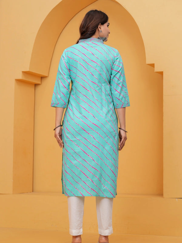 Turquoise Leheriya Print Cotton Kurta for Women