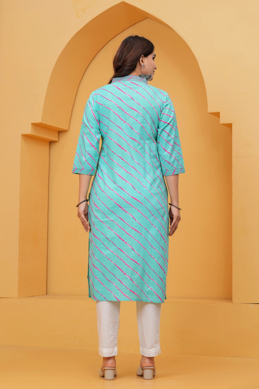 Turquoise Leheriya Print Cotton Kurta for Women