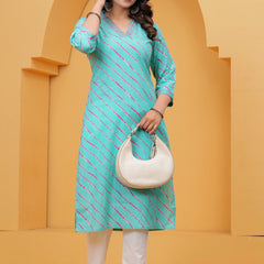 Turquoise Leheriya Print Cotton Kurta for Women