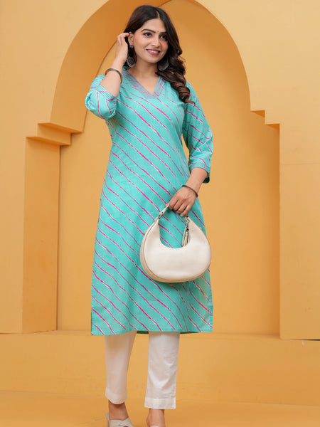 Turquoise Leheriya Print Cotton Kurta for Women