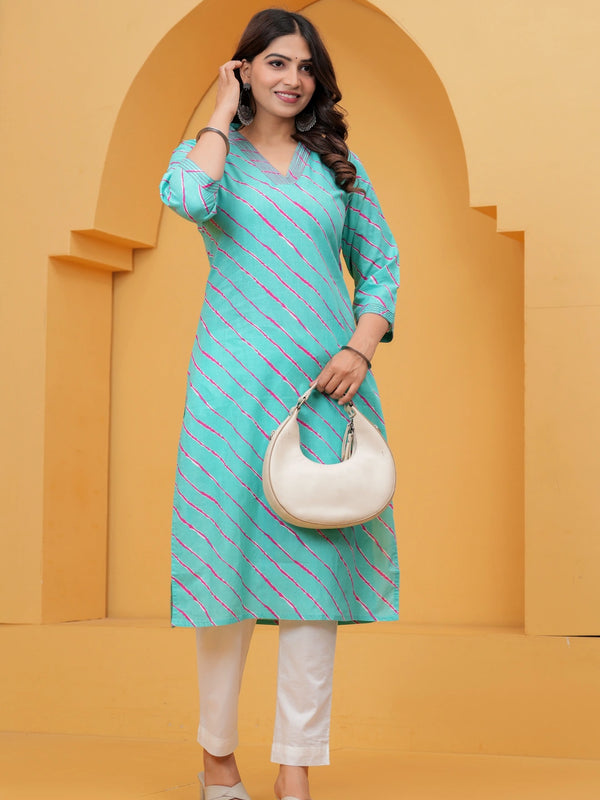 Turquoise Leheriya Print Cotton Kurta for Women