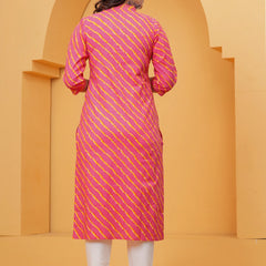 Vibrant Fuchsia Pink Leheriya Print Cotton Kurta with White Pant for Women