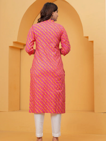 Vibrant Fuchsia Pink Leheriya Print Cotton Kurta with White Pant for Women