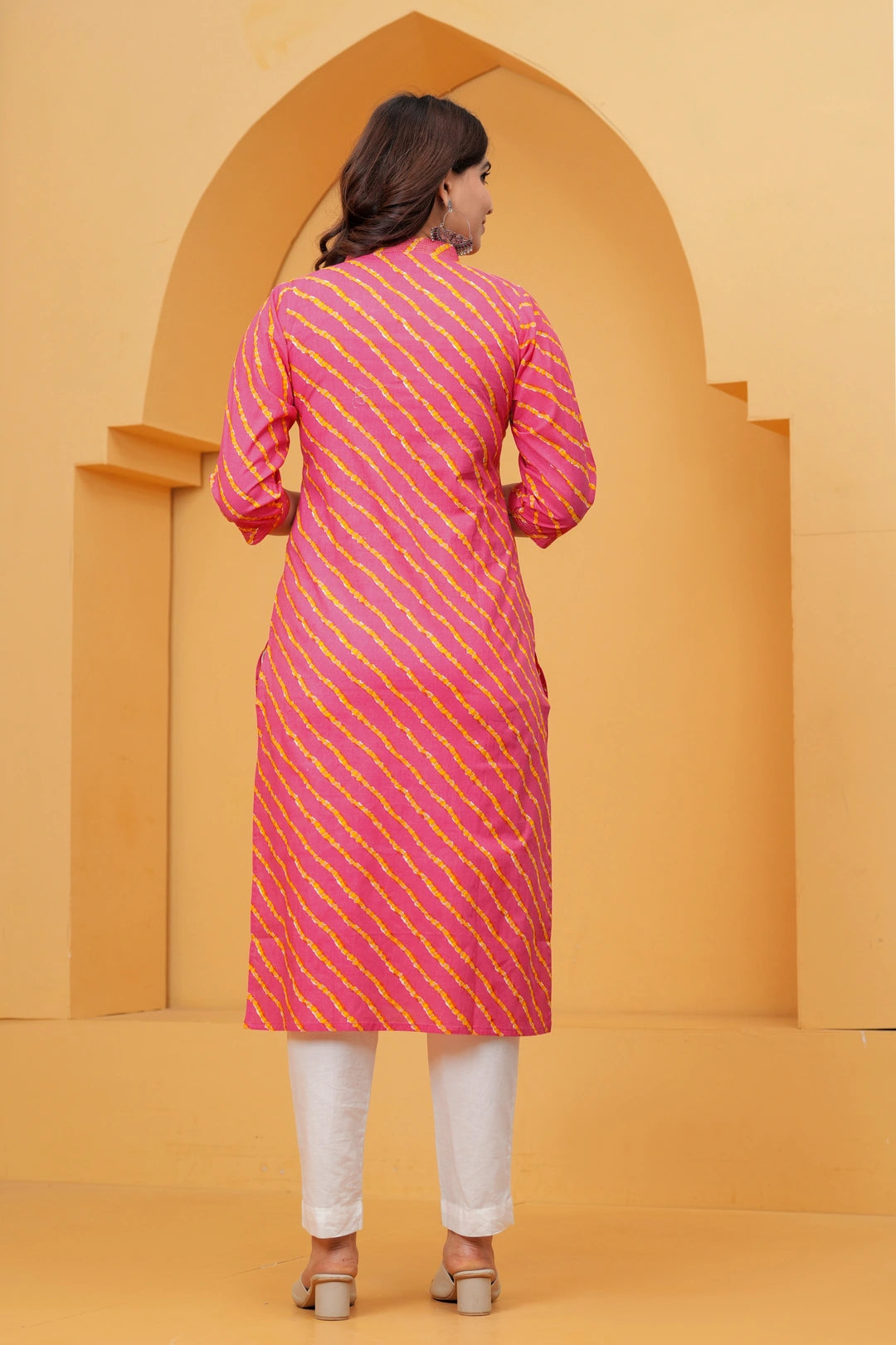 Pink Leheriya Print Cotton Kurta with White Pant for Women