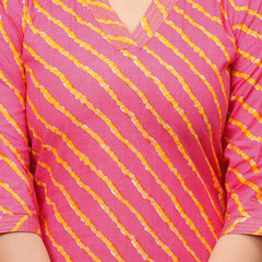 Vibrant Fuchsia Pink Leheriya Print Cotton Kurta with White Pant for Women