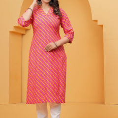 Vibrant Fuchsia Pink Leheriya Print Cotton Kurta with White Pant for Women