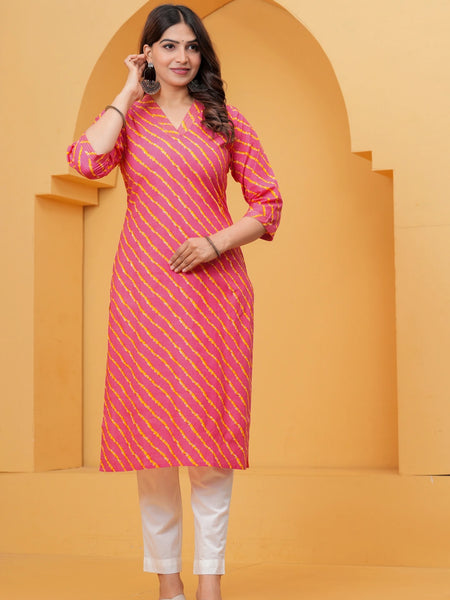 Vibrant Fuchsia Pink Leheriya Print Cotton Kurta with White Pant for Women