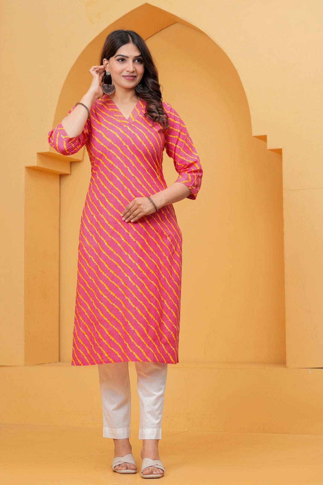 Pink Leheriya Print Cotton Kurta with White Pant for Women