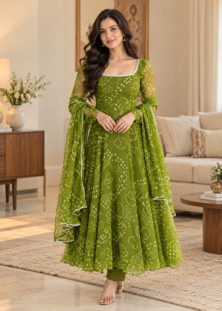 Olive Green Bandhani Printed Anarkali Suit Set with Dupatta