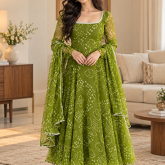 Olive Green Bandhani Printed Anarkali Suit Set with Dupatta