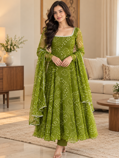 Olive Green Bandhani Printed Anarkali Suit Set with Dupatta