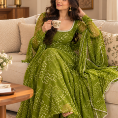 Olive Green Bandhani Printed Anarkali Suit Set with Dupatta