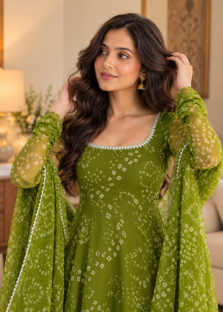 Olive Green Bandhani Printed Anarkali Suit Set with Dupatta