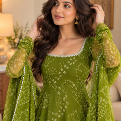 Olive Green Bandhani Printed Anarkali Suit Set with Dupatta