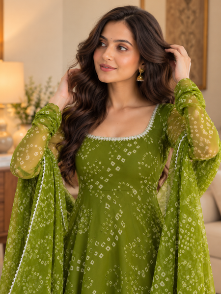 Olive Green Bandhani Printed Anarkali Suit Set with Dupatta